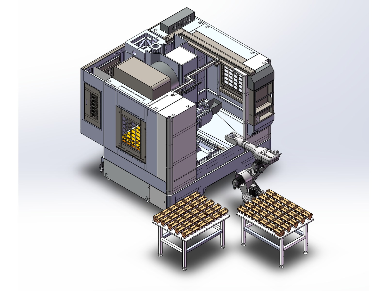 Vertical machining centre served by a robot loading unit